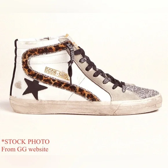 GOLDEN GOOSE Slide Leather Leopard Glitter Toes Mid/High Top Zipper Sz 42 US 12